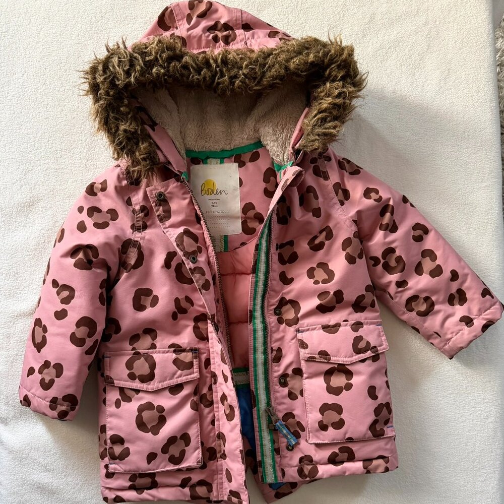 Mini Boden  pink leopard print waterproof parka 2-3 Yr